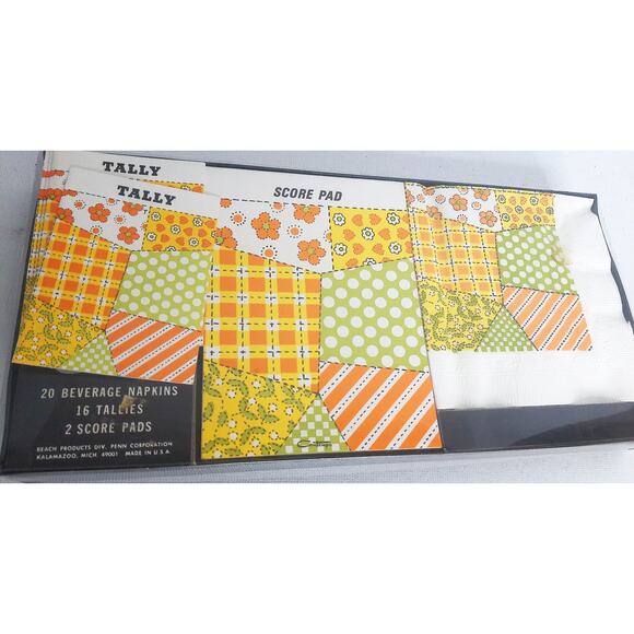 Vintage Contempo Bridge Set Patchwork Psychedelic Napkins Tallies Score Cards - Picture 3 of 8